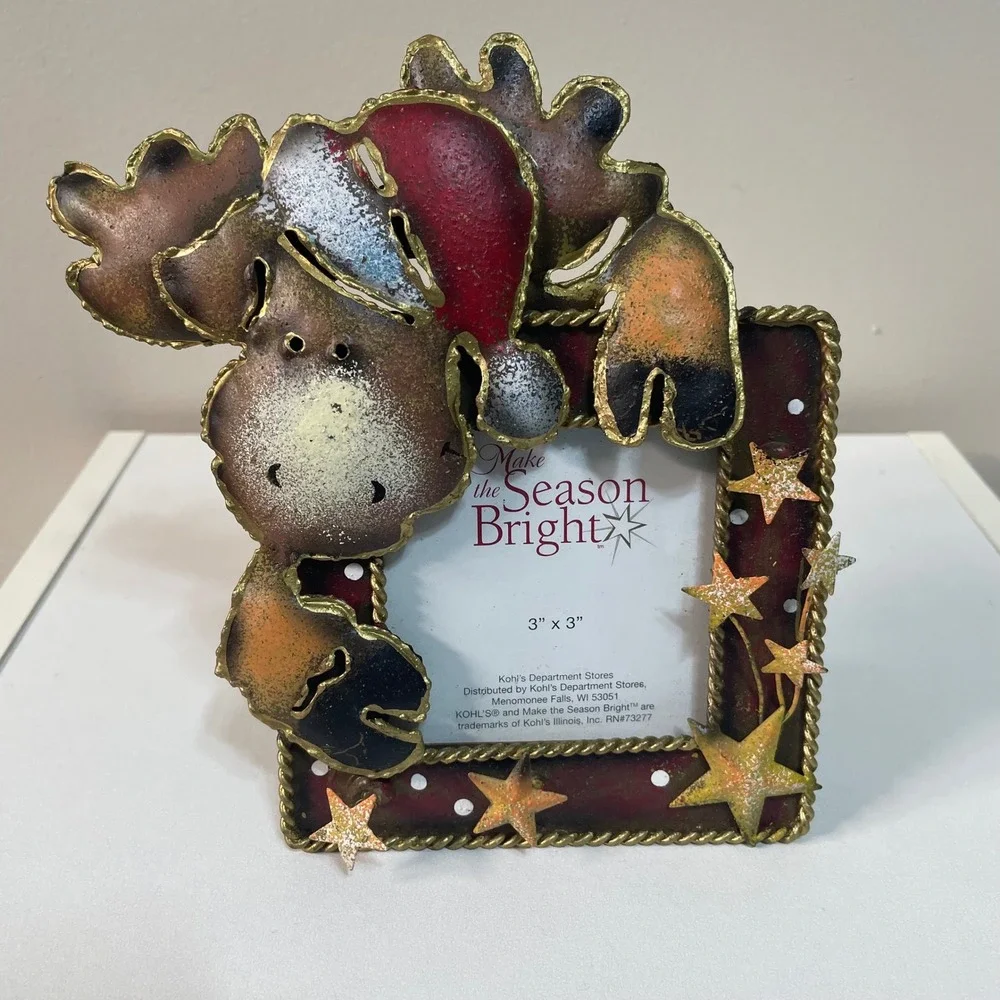 3D Christmas Moose Photo Picture Frame Holiday Decor 3x3 Stars‎